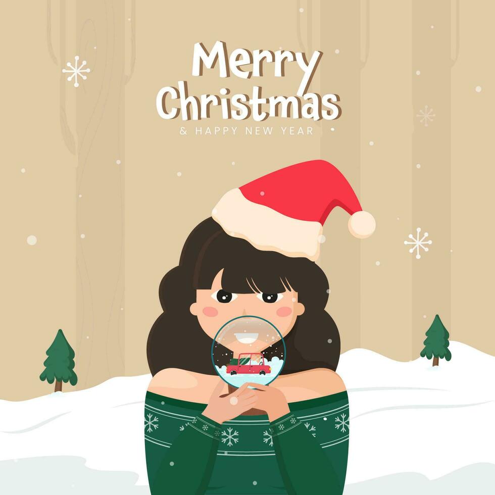 joyeux Noël et Nouveau année concept avec Jeune fille en portant neige globe sur marron et blanc neigeux Contexte. vecteur