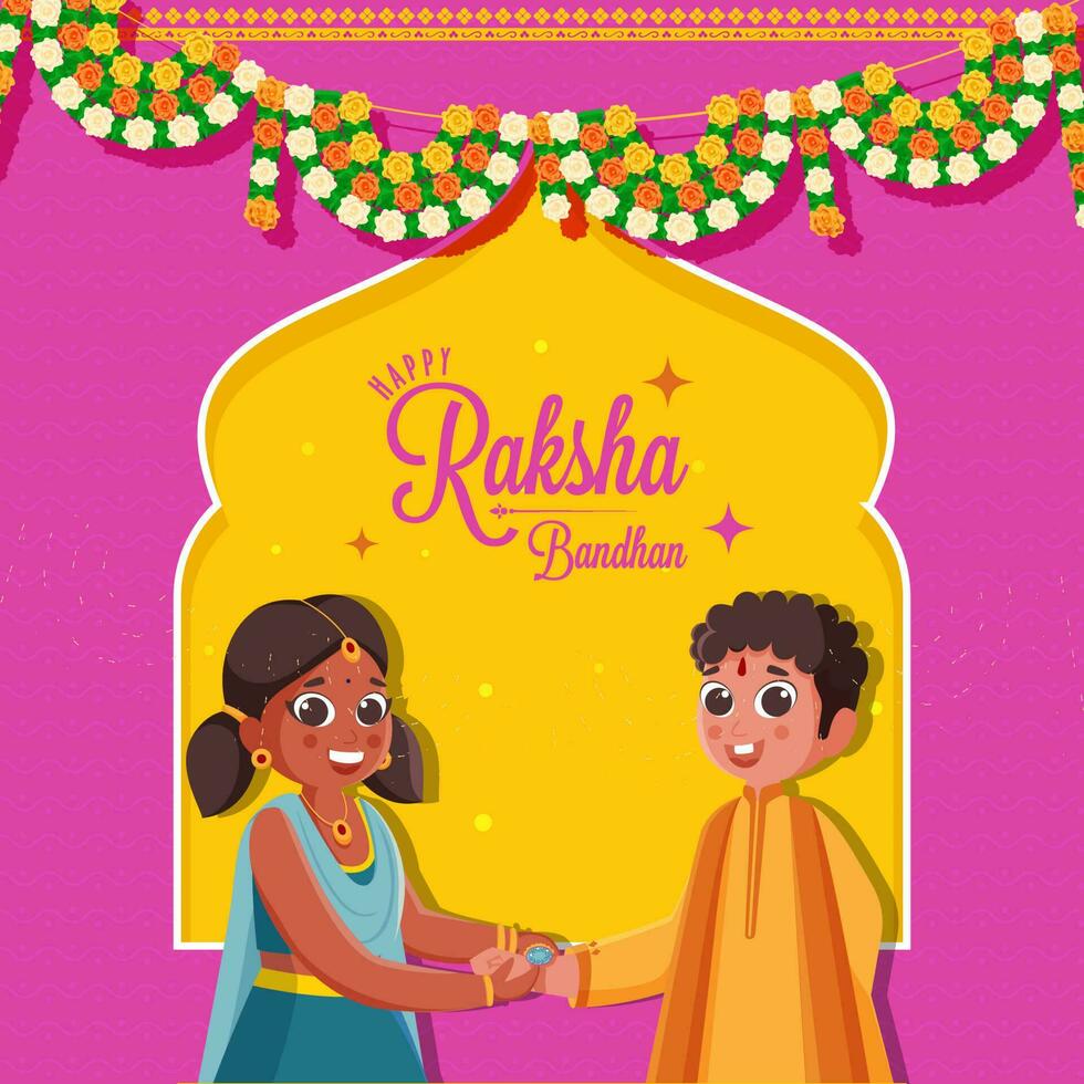 content raksha bandhan fête concept avec sœur attacher rakhi bracelet à sa frère sur Jaune et rose Contexte. vecteur