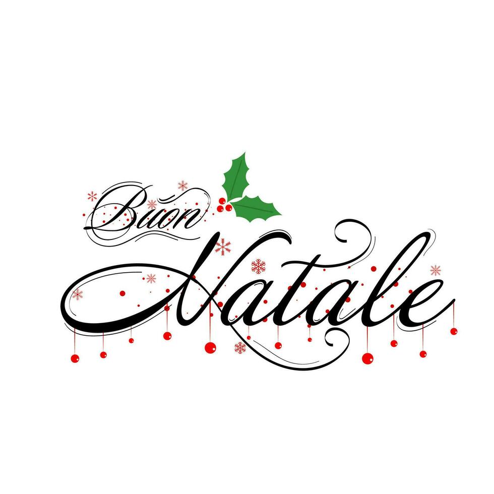joyeux Noël calligraphie écrit dans italien Langue avec houx baie, flocons de neige sur blanc Contexte. vecteur