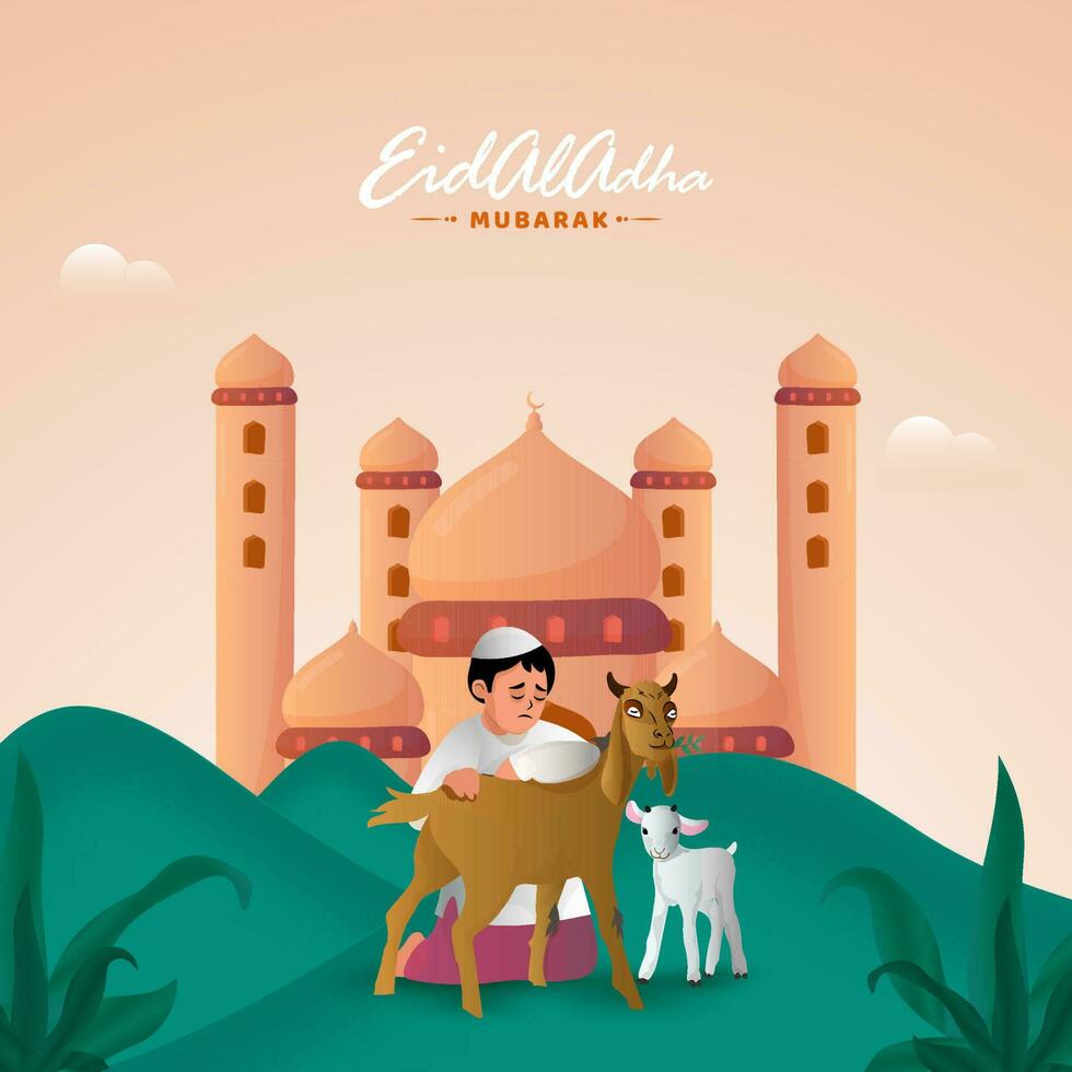 Aïd al-Adha mubarak concept avec musulman Jeune garçon caressant chèvres et mosquée illustration sur pastel pêche et vert Contexte. vecteur