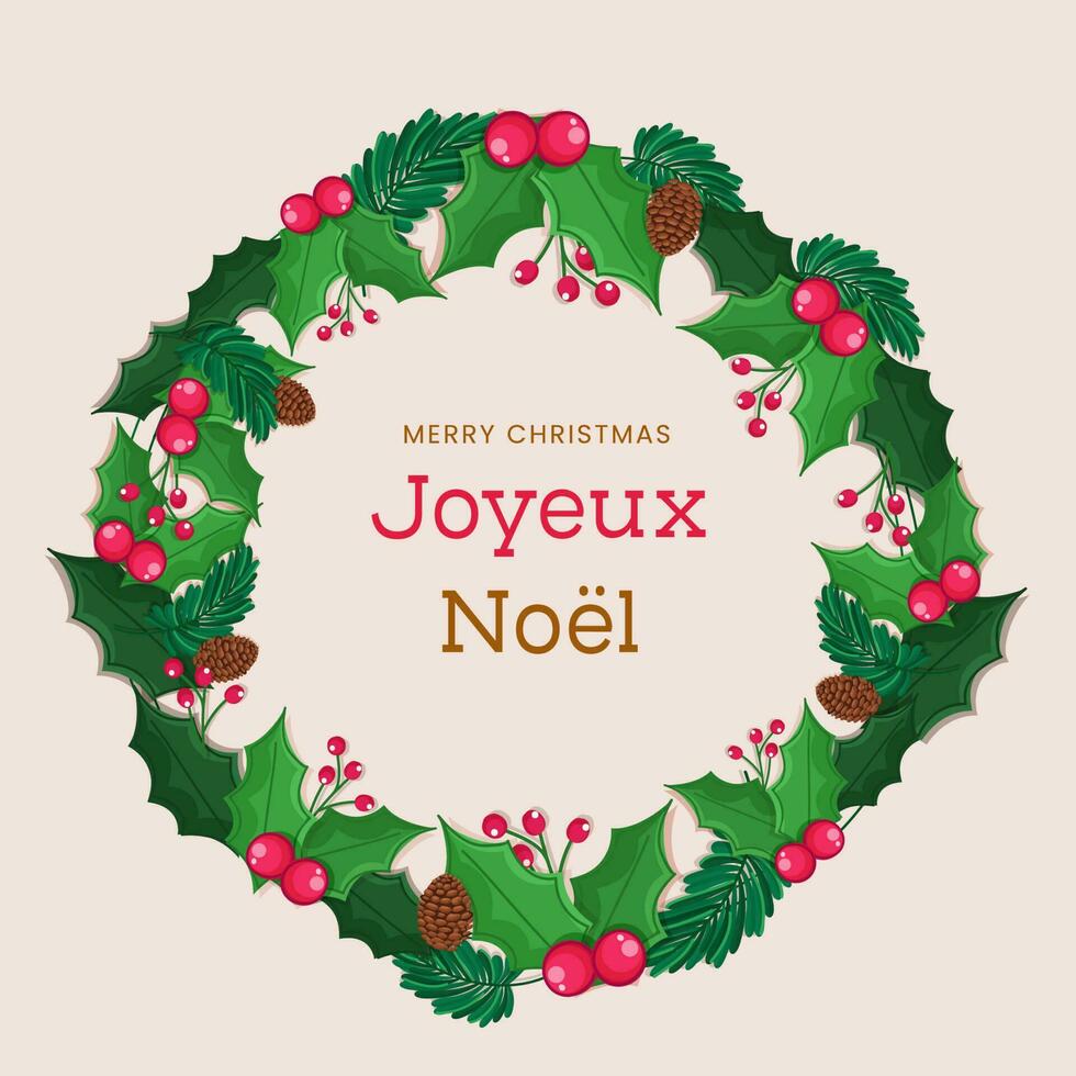 français caractères de joyeux Noël sur décoratif Noël couronne et rose Contexte. vecteur