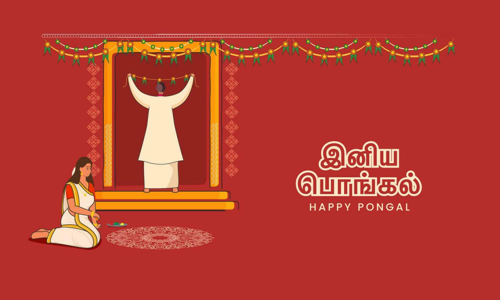 Tamil caractères de content pongal dans autocollant style avec Sud Indien femme fabrication rangoli et homme décoratif porte sur rouge Contexte. vecteur