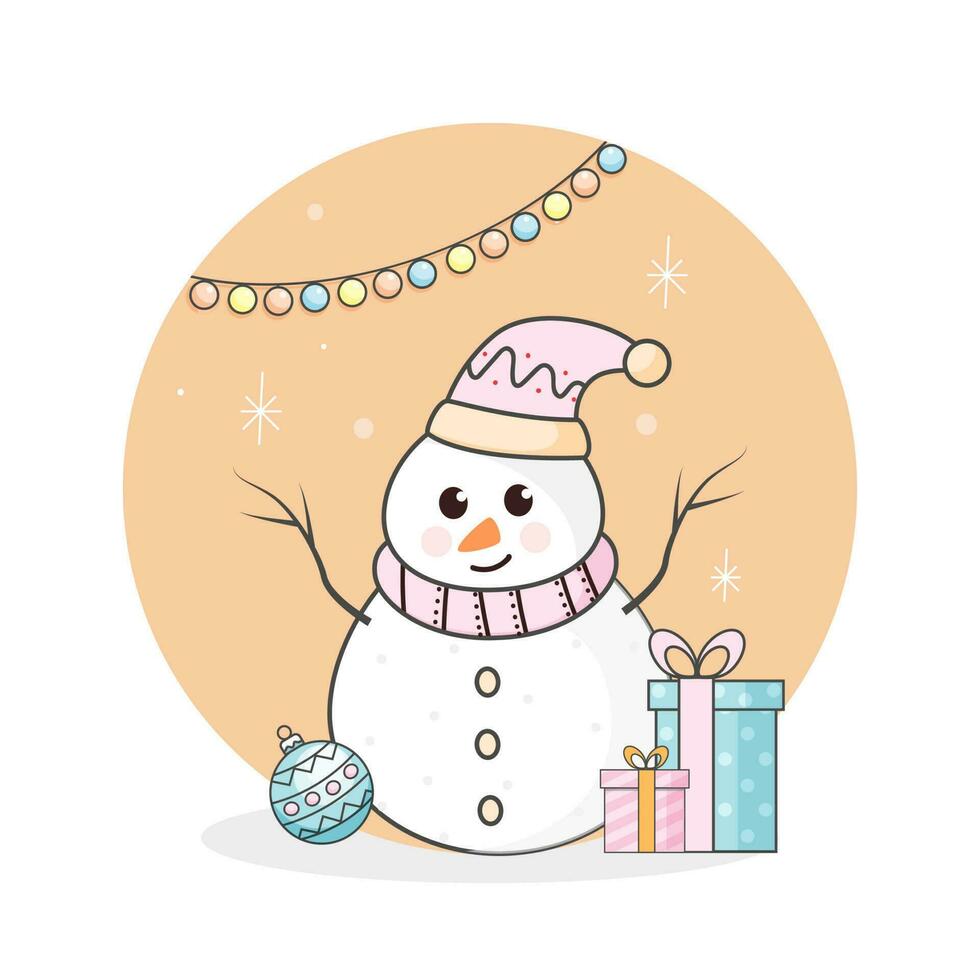 vecteur illustration de dessin animé bonhomme de neige porter de laine chapeau, foulard, babiole, cadeau des boites sur Orange et blanc Contexte.