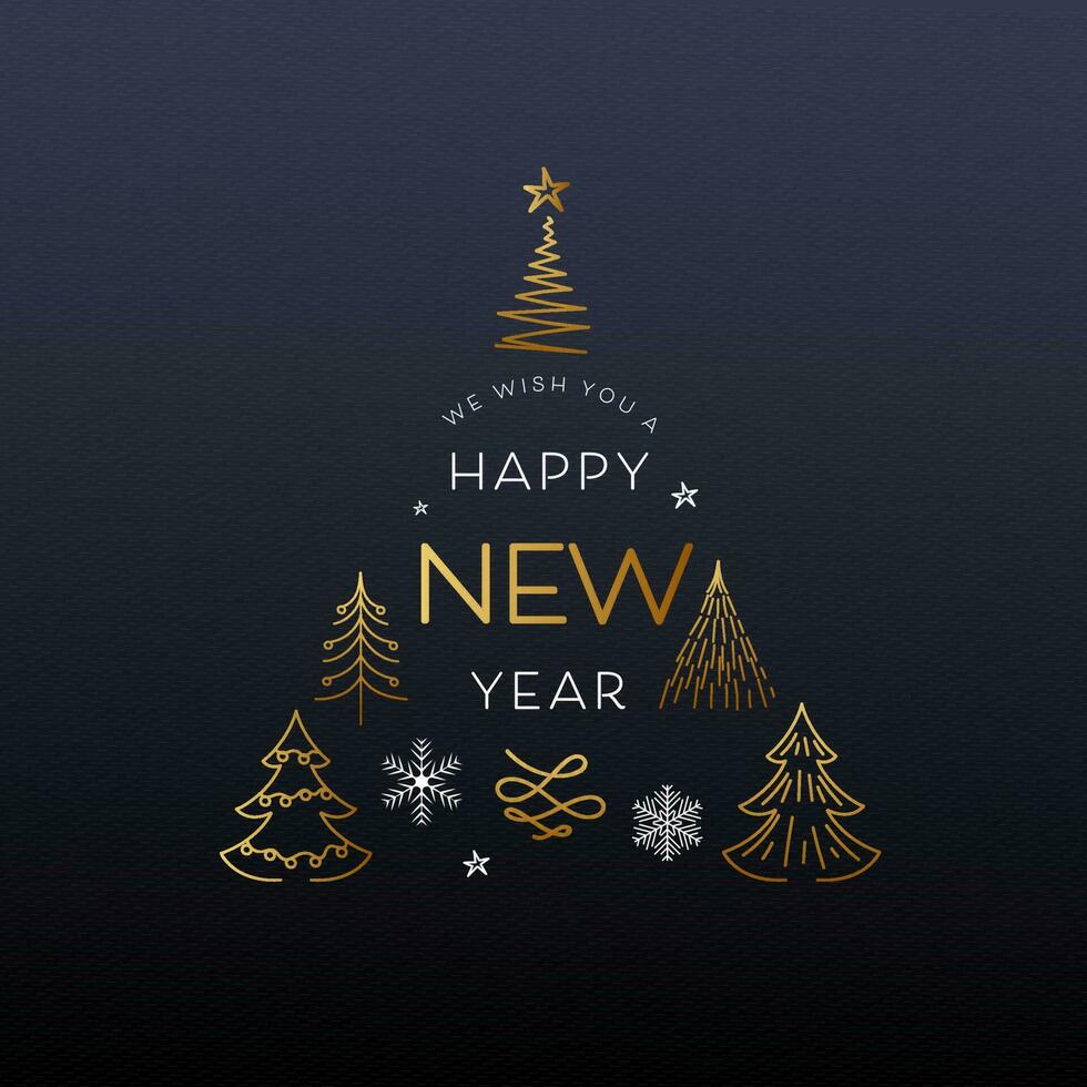 souhaitant vous une content Nouveau année message avec d'or ligne art Noël arbre collection, flocons de neige sur foncé gris Contexte. vecteur