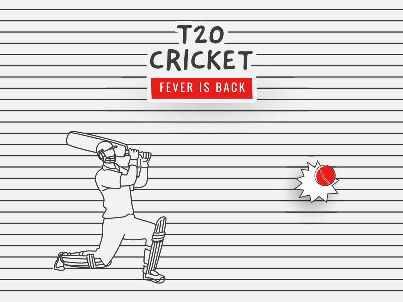 t20 criquet fièvre est retour concept avec ligne art batteur frappe une Balle sur blanc horizontal rayures Contexte. vecteur