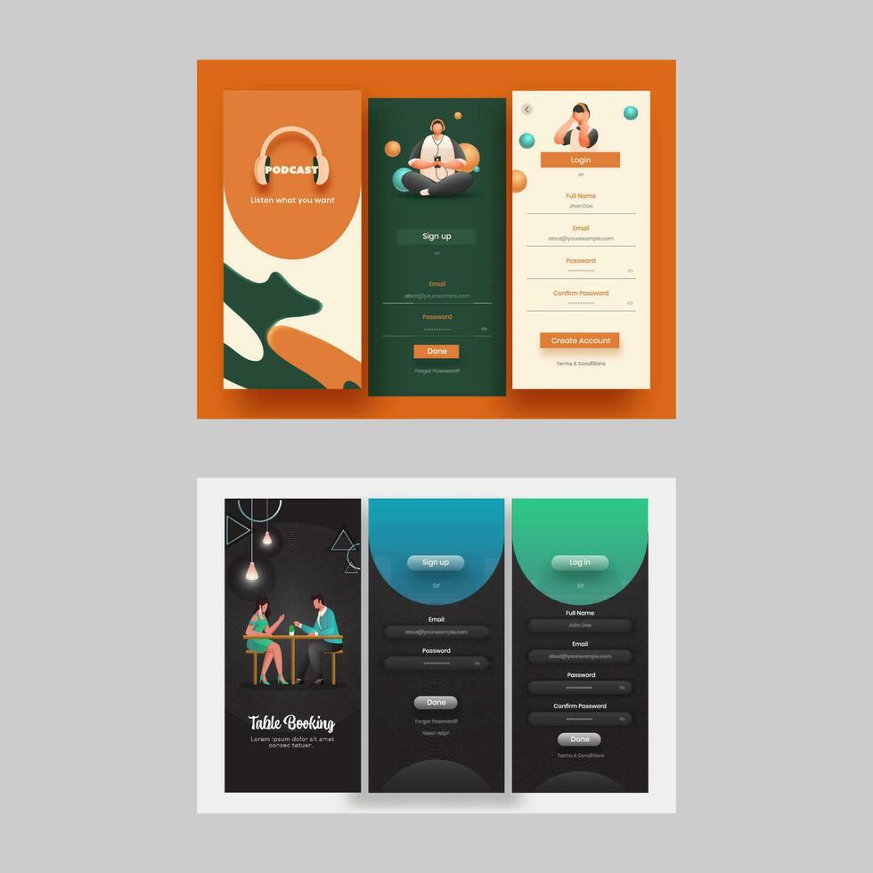 table réservation et la musique mobile app ui écrans modèle disposition comprenant connexion, signe en haut sur gris Contexte. vecteur