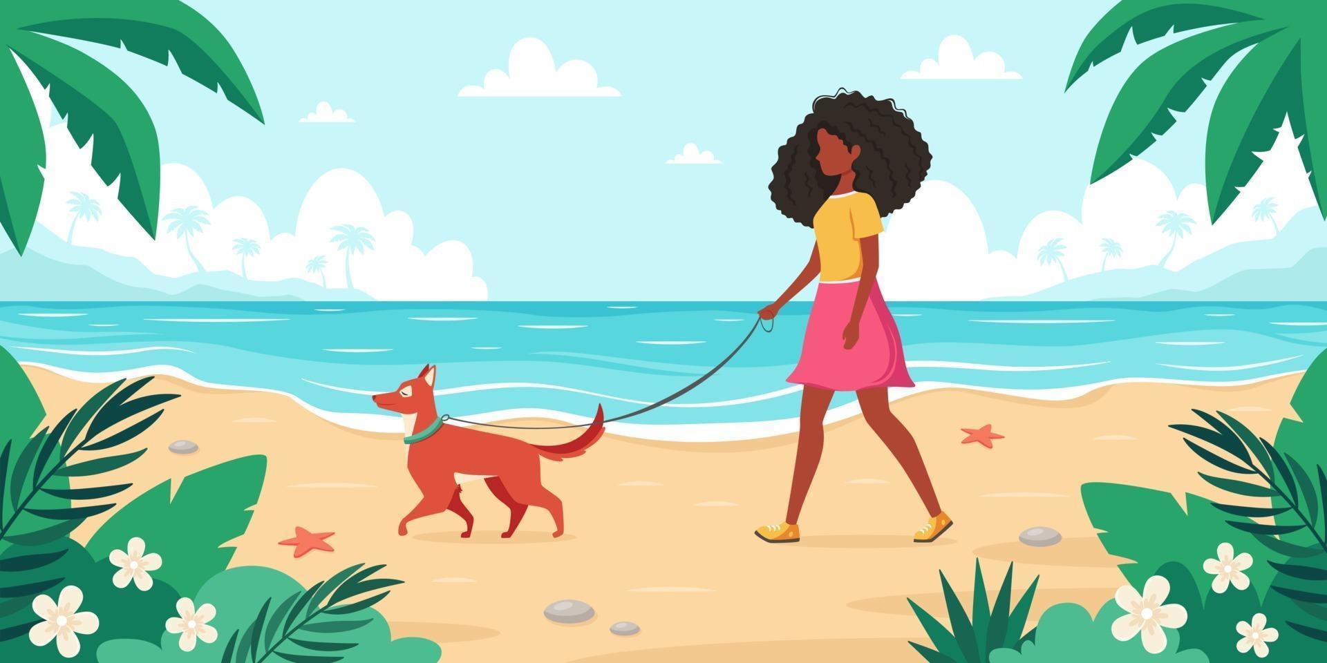 temps libre sur la plage. femme noire marchant avec un chien. heure d'été. illustration vectorielle vecteur