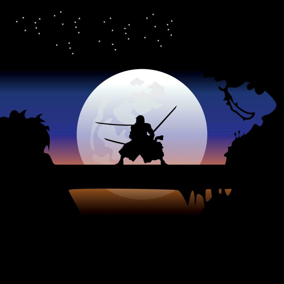 illustration vecteur graphique de samouraï formation à nuit sur une plein lune. parfait pour fond d'écran, affiche, etc. paysage fond d'écran, illustration vecteur style, coloré vue arrière-plan, un pièce