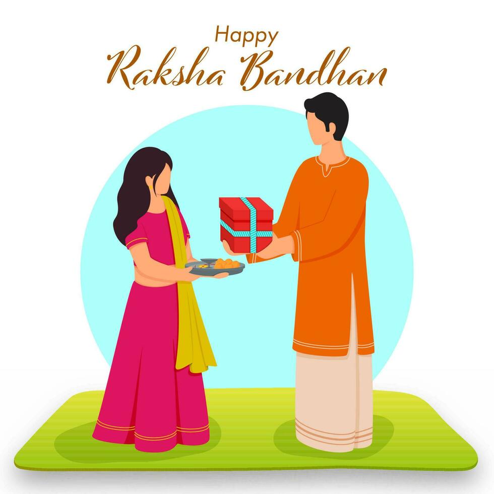 Jeune frère donnant cadeau à le sien sœur en portant culte assiette de rakhi sur blanc et bleu Contexte pour content raksha bandhan festival. vecteur