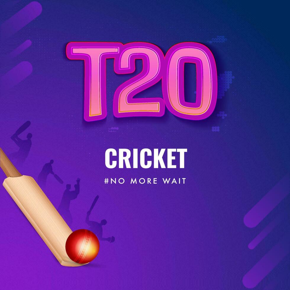 t20 criquet affiche conception avec 3d rouge balle, chauve souris et silhouette joueur de cricket joueurs sur violet Contexte. vecteur