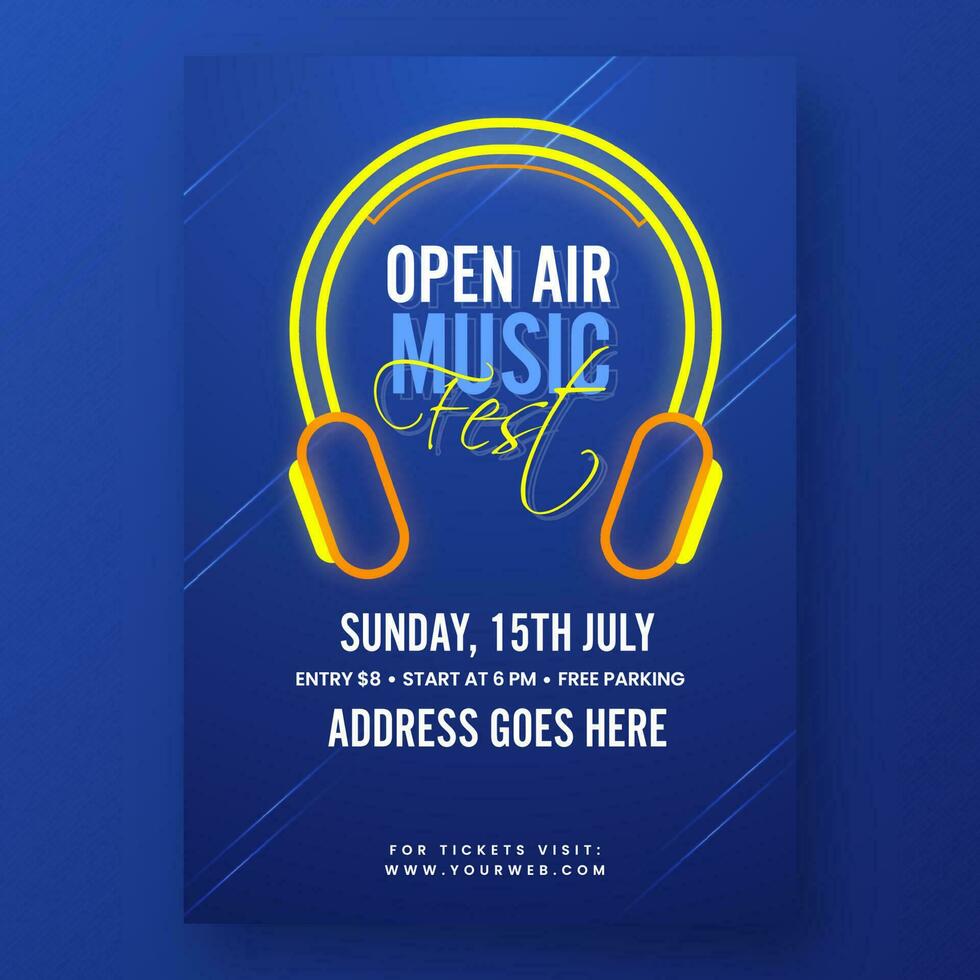 ouvert air la musique fest invitation carte avec casque de musique et un événement détails dans bleu couleur. vecteur