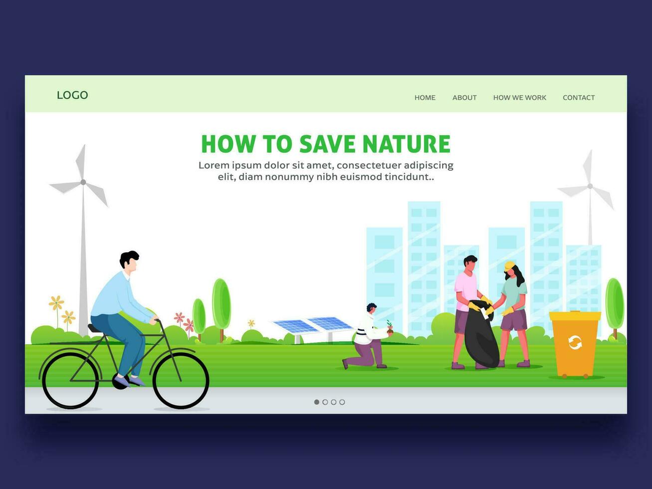 enregistrer la nature concept basé atterrissage page avec gens collecte déchets, plantation et cyclisme sur vert ville Contexte. vecteur