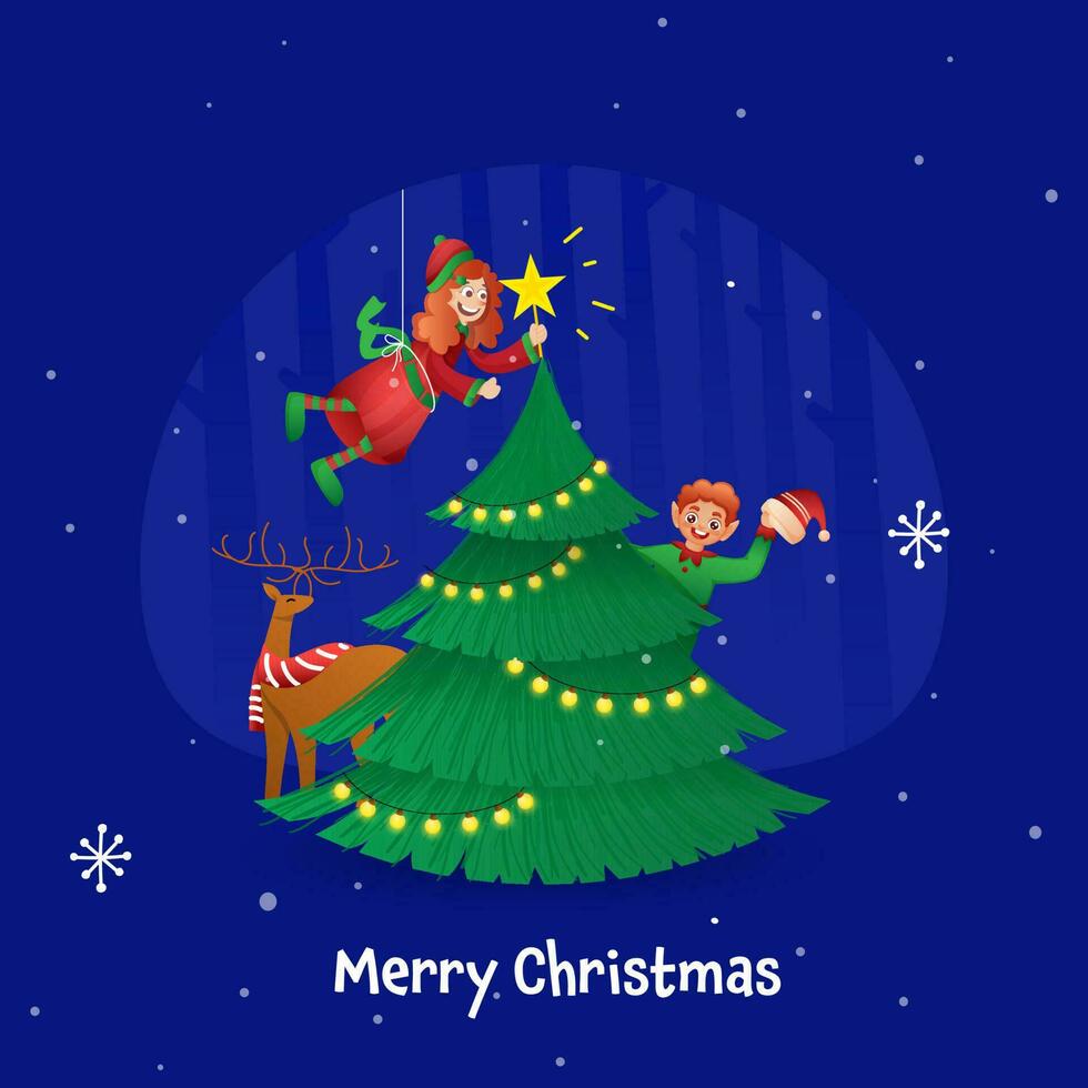 joyeux Noël affiche conception avec dessin animé elfe garçon et fille décorer Noël arbre, renne sur bleu Contexte. vecteur