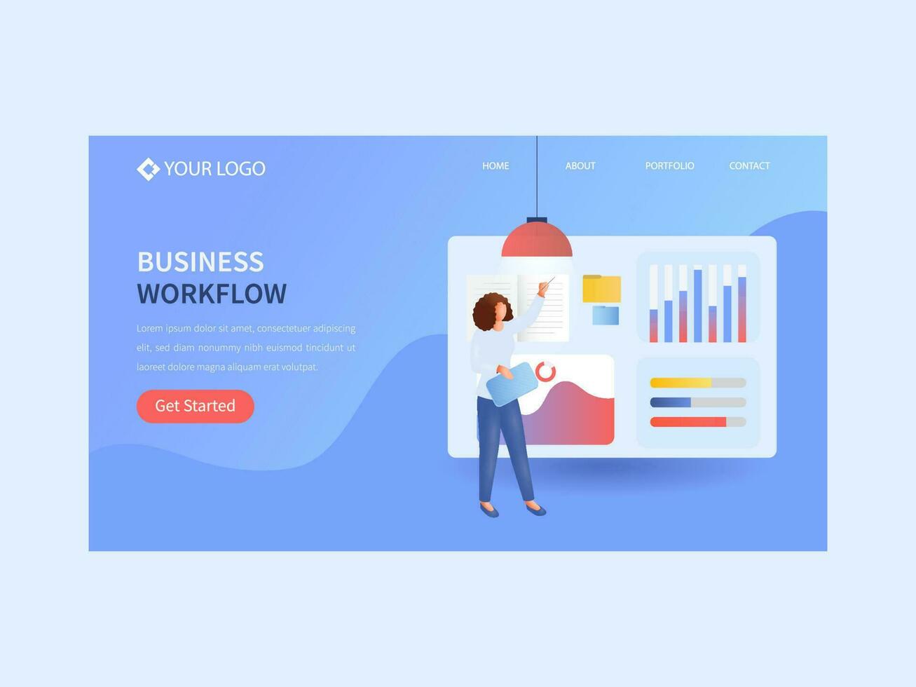 affaires flux de travail atterrissage page ou la toile bannière conception avec analyste femme en présentant tableau de bord sur bleu Contexte. vecteur