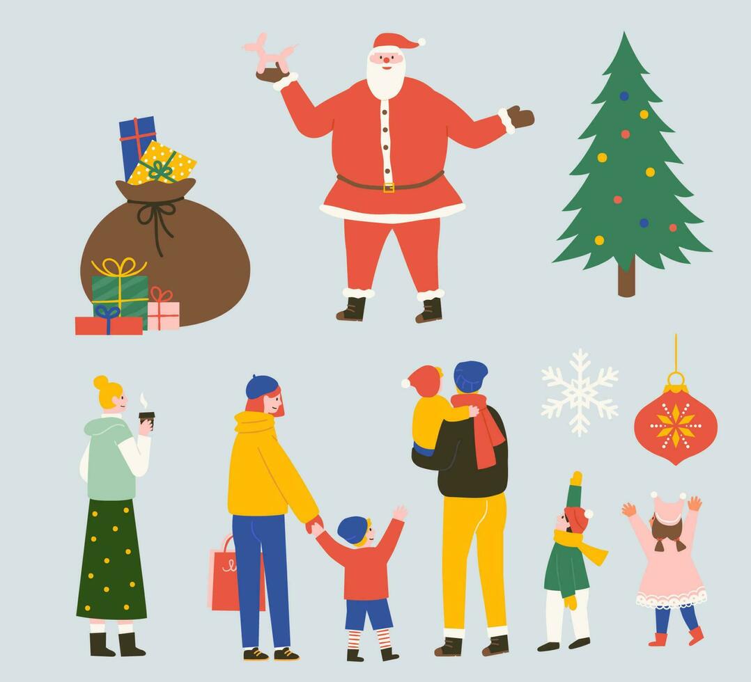 collection de personnes, cadeaux, Père Noël noël, Noël arbre, enfants, flocon de neige et babiole. plat illustration adapté pour Noël Icônes. vecteur