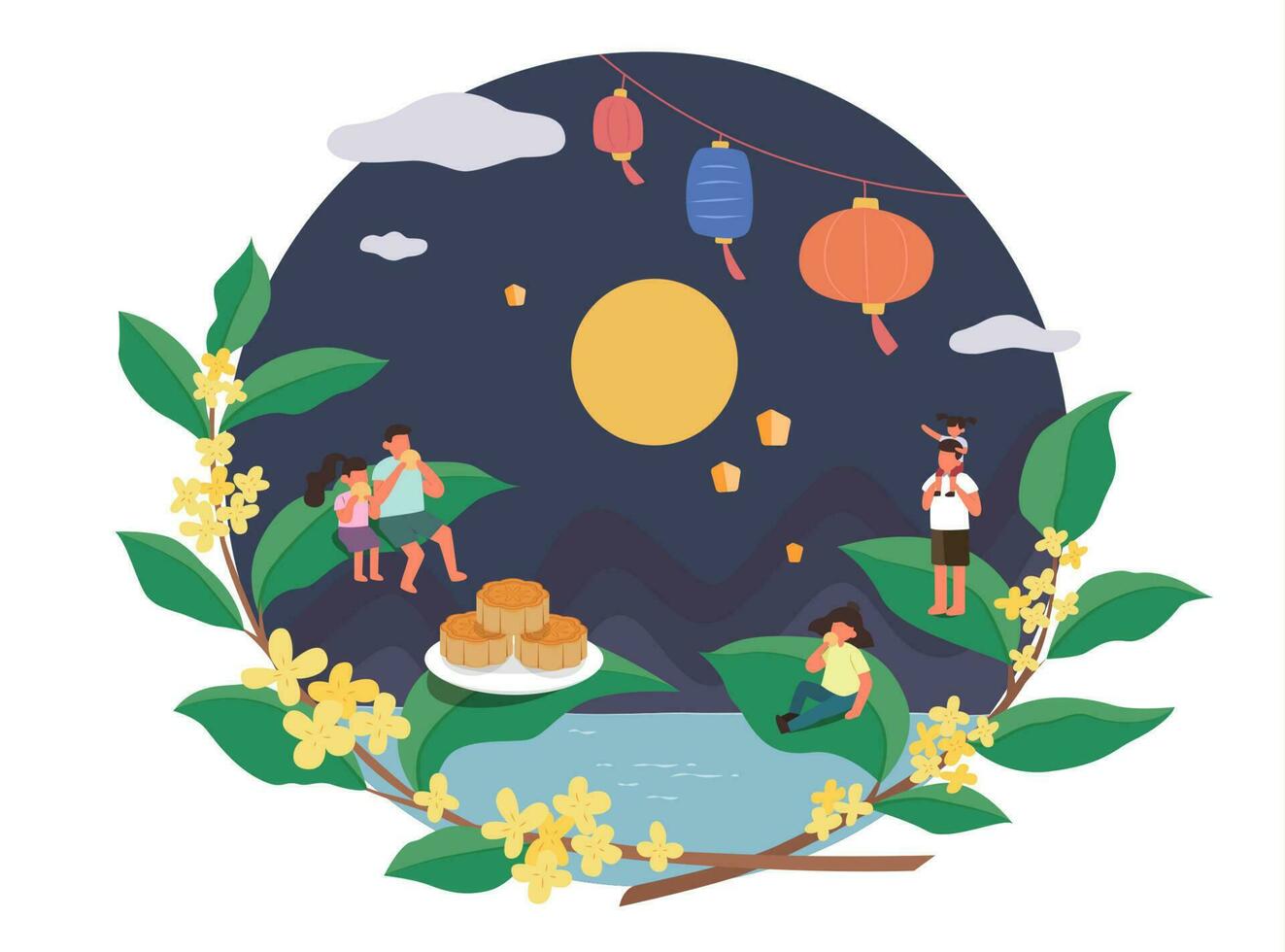 milieu l'automne Festival conception. plat illustration de gens en train de regarder lune et en mangeant gâteaux de lune comme vacances célébrations vecteur