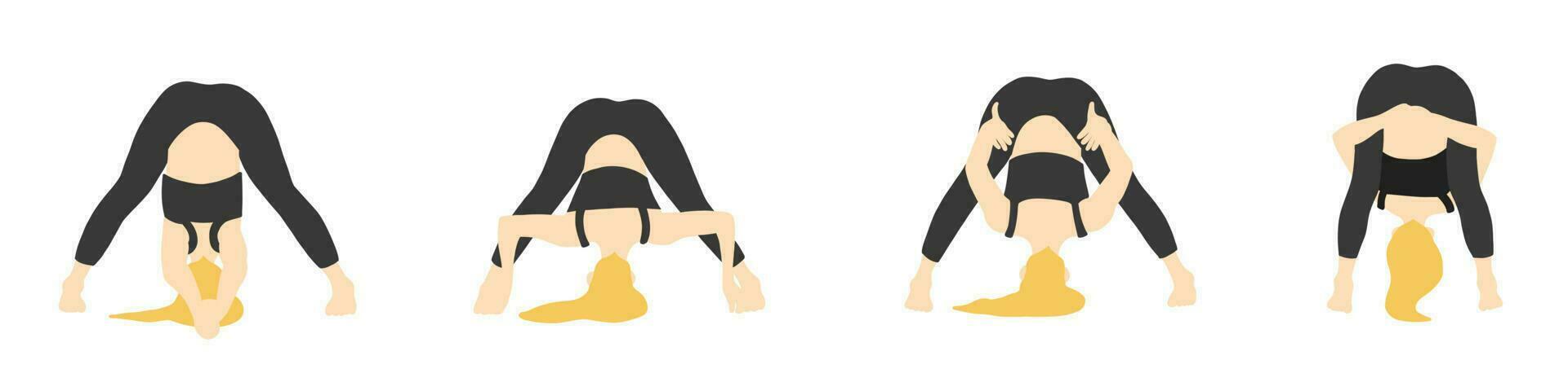 souplesse yoga pose collection. européen femme, dame, femme, fille. longue blond cheveux. noir survêtement. pilates, entraînement. vecteur illustration dans dessin animé plat style isolé sur blanc Contexte.