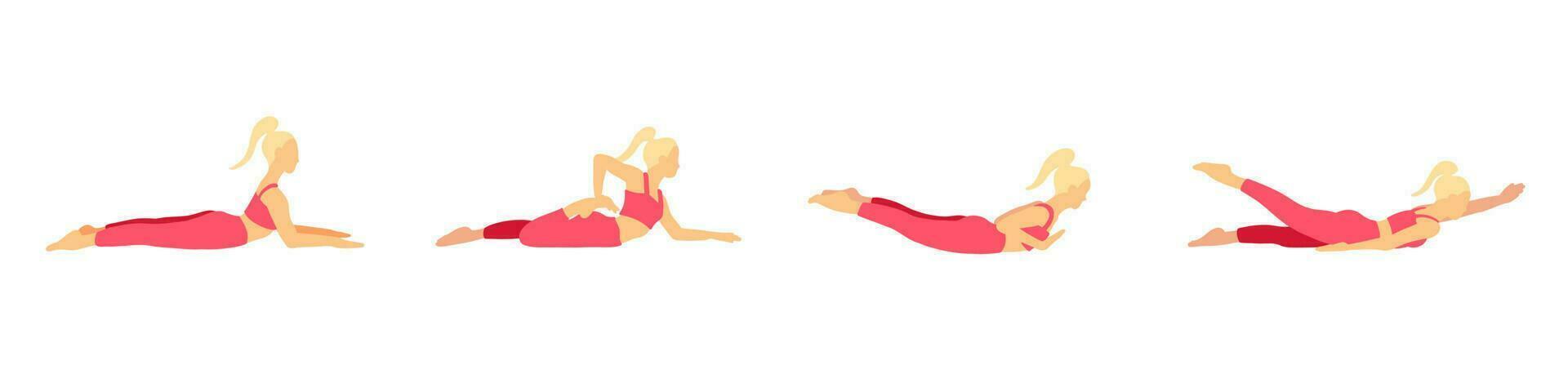 souplesse yoga pose collection. blond queue de cheval cheveux femme, dame, femme, fille. méditation, pilates, mental santé, entraînement. vecteur illustration dans dessin animé plat style isolé sur blanc Contexte.