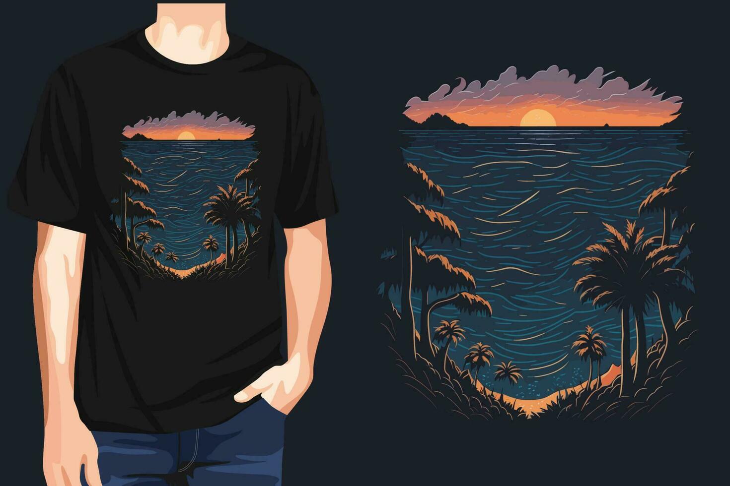 le coucher du soleil et le mer ancien rétro t chemise conception Naturel graphique vecteur illustration