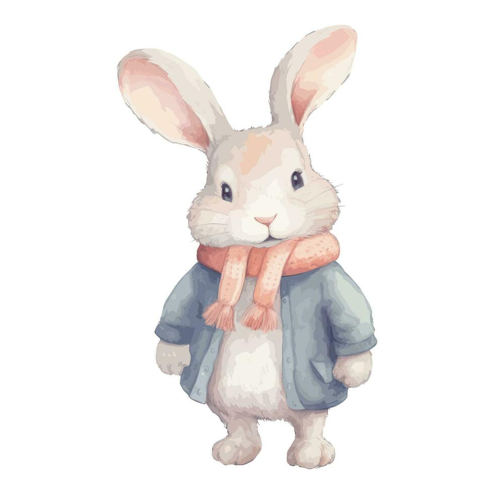 aquarelle mignonne lapin avec coton foulard, et veste vecteur