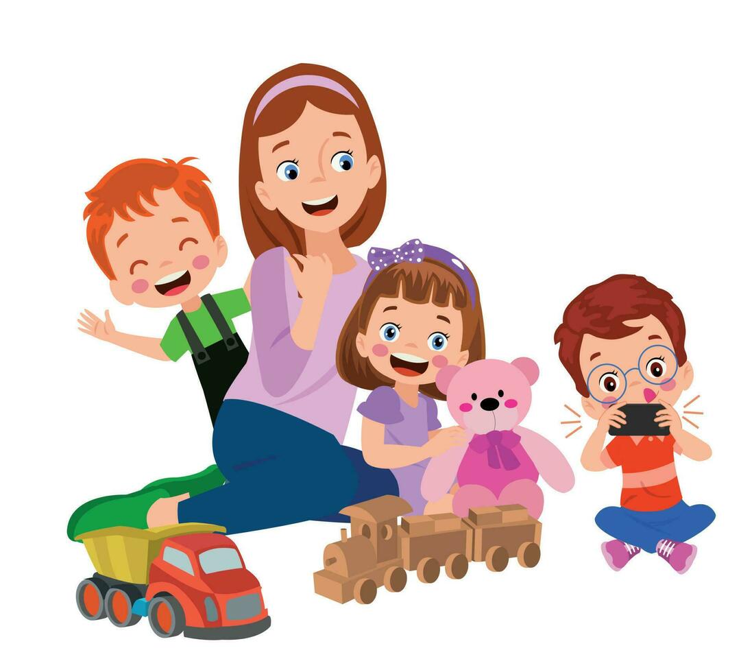 une mère et les enfants en jouant avec jouets et une jouet camion. vecteur