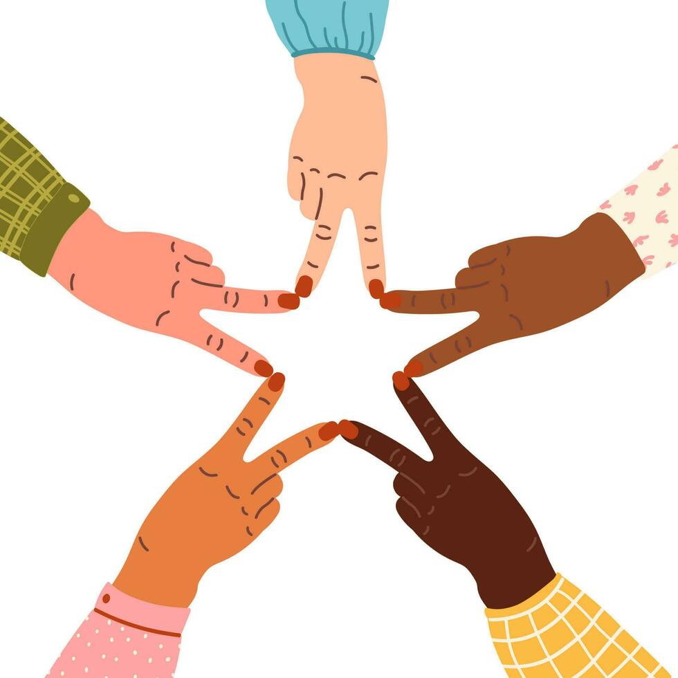 gens faire étoile forme avec leur les doigts de multiculturel femmes. travail en équipe, réunion, réalisation, but, notation, gagner. référence réseau programme pour clients ou les clients vecteur illustration