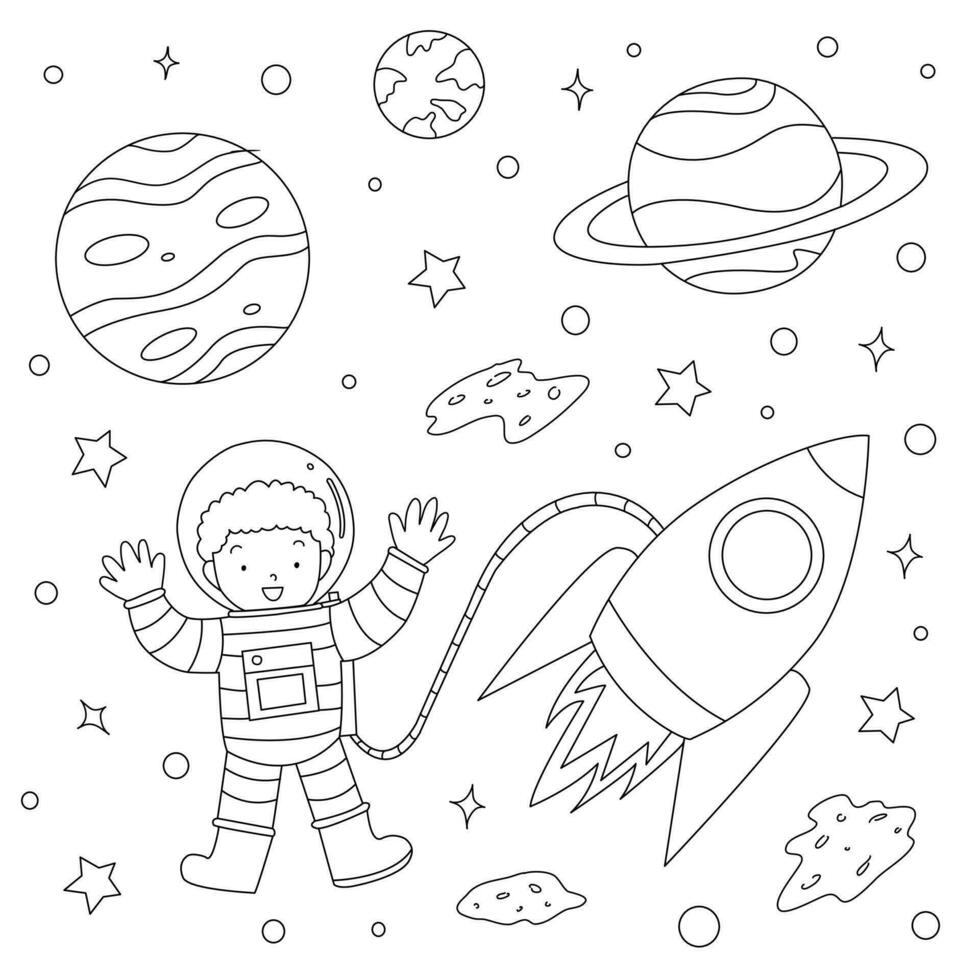 coloration livre pour enfants, astronaute avec vaisseau spatial parmi le planète vecteur