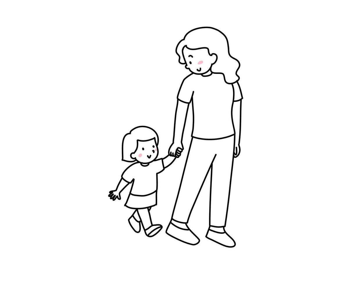 mère avec fille.mom tient la main de sa fille.isolé sur fond blanc. style bande dessinée. illustration vectorielle vecteur