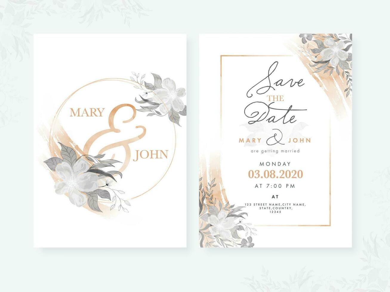 de face et retour vue de mariage invitation carte modèle disposition décoré avec fleurs. vecteur