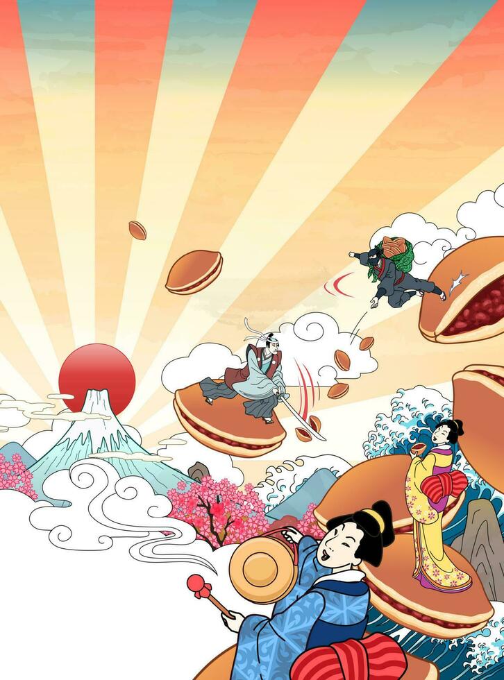 ancien gens permanent et combat sur Japonais dorayaki dans ukiyo-e style sur rétro Bande Contexte vecteur