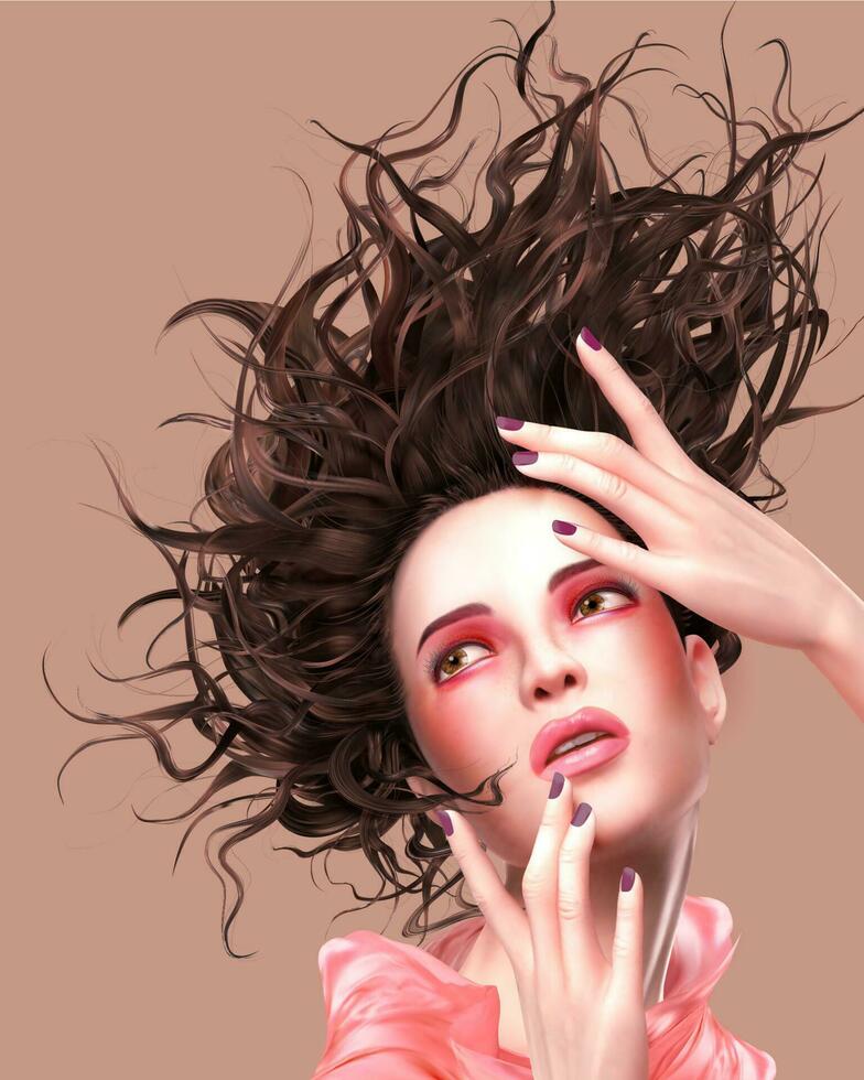 branché femme avec rose maquillage et écoulement cheveux dans 3d illustration vecteur