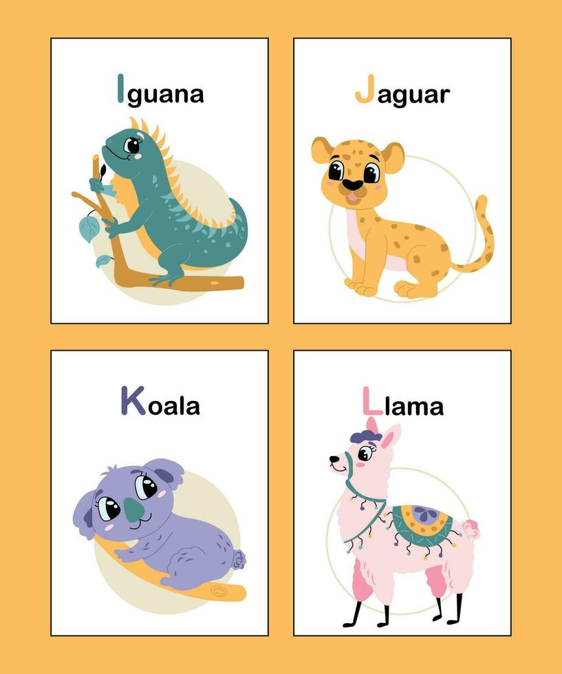 mignonne animal alphabet de je à l. éducatif vecteur illustration dans brillant couleurs. iguane, jaguar, koala, lama. coloré main tiré dessin animé animal alphabet cartes isolé sur Jaune Contexte.