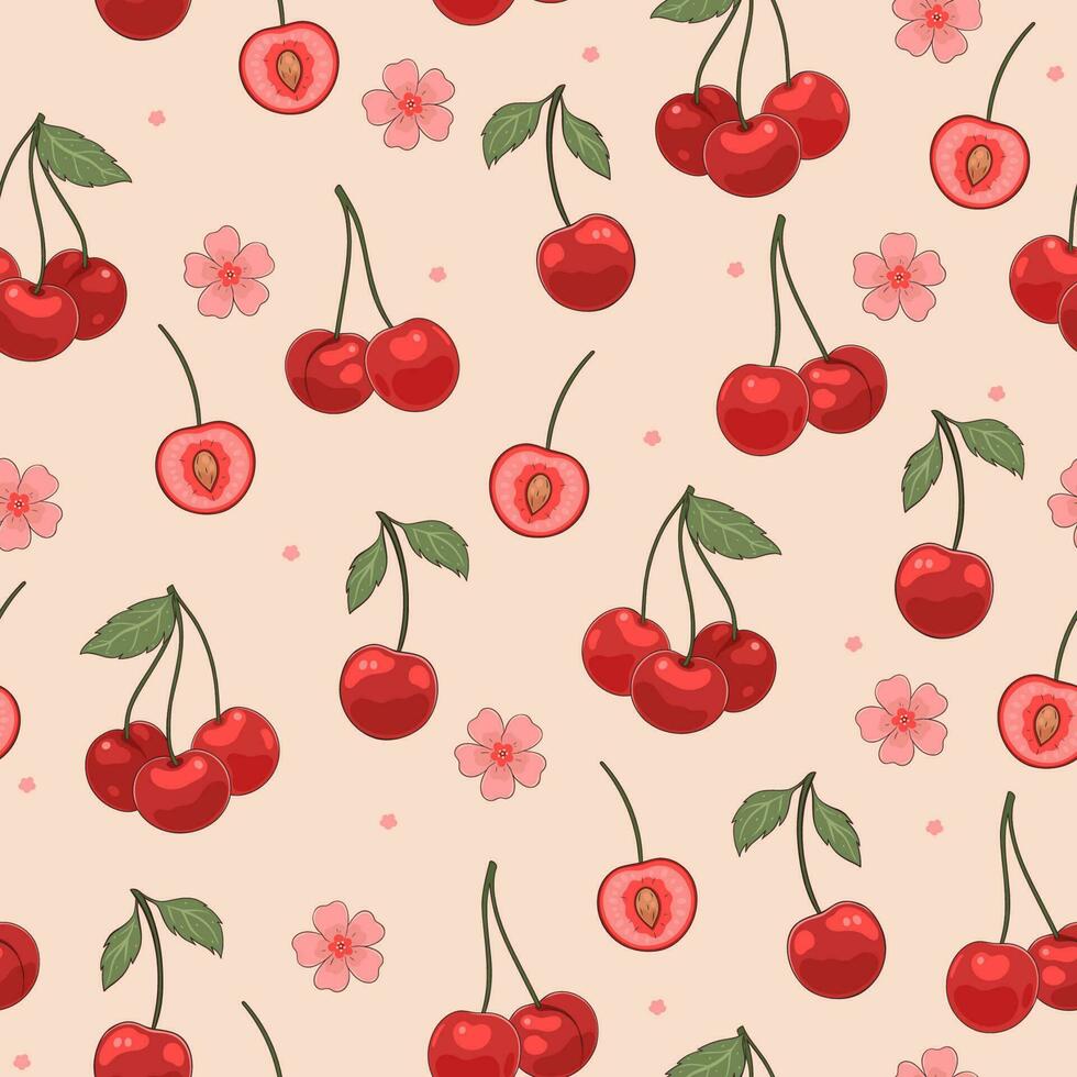 sans couture modèle avec cerises et fleurs. vecteur graphique.