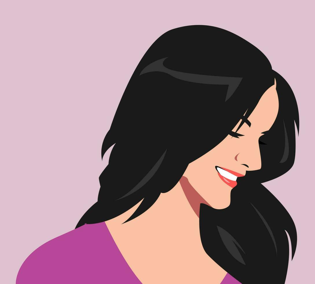 souriant visage de une magnifique femme avec longue ondulé noir cheveux. pour avatar, social médias profil, la toile, imprimer, affiche, autocollant, etc. plat vecteur illustration.