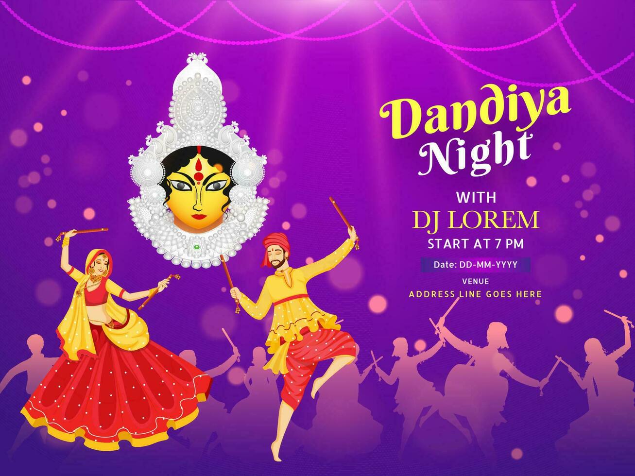Dandiya nuit dj fête bannière ou affiche conception, illustration de couple dansant avec Dandiya bâton sur brillant violet bokeh éclairage Contexte pour shubh navratri fête concept. vecteur