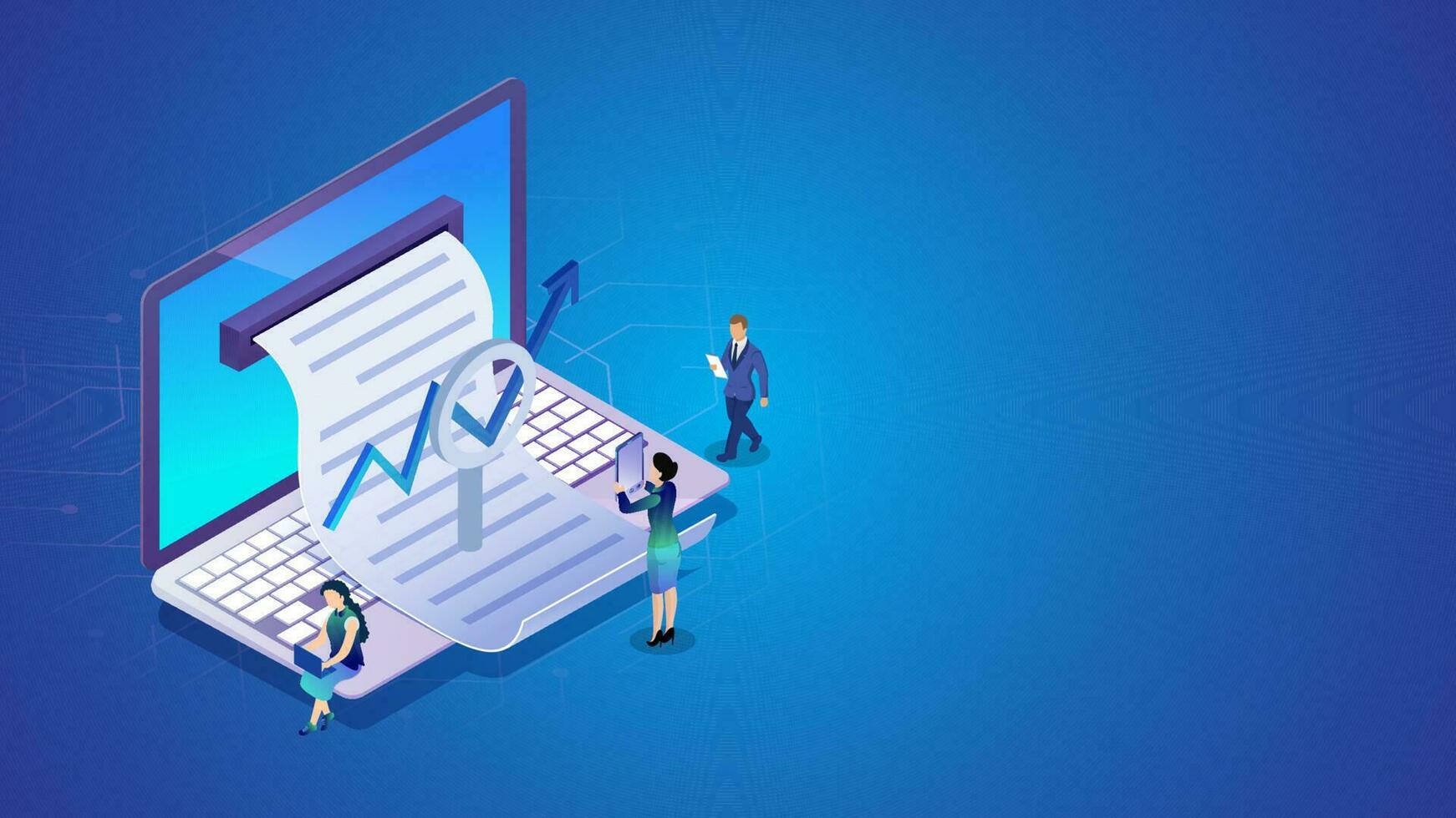 en ligne rapport de portable avec grossissant verre et travail gens une analyse sur bleu Contexte pour entreprise croissance ou Succès concept basé isométrique conception. vecteur