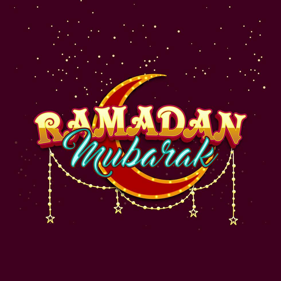d'or et bleu Ramadan mubarak Police de caractère avec croissant lune dans chapiteau lumières, étoile chaîne sur bordeaux lumières Contexte. vecteur