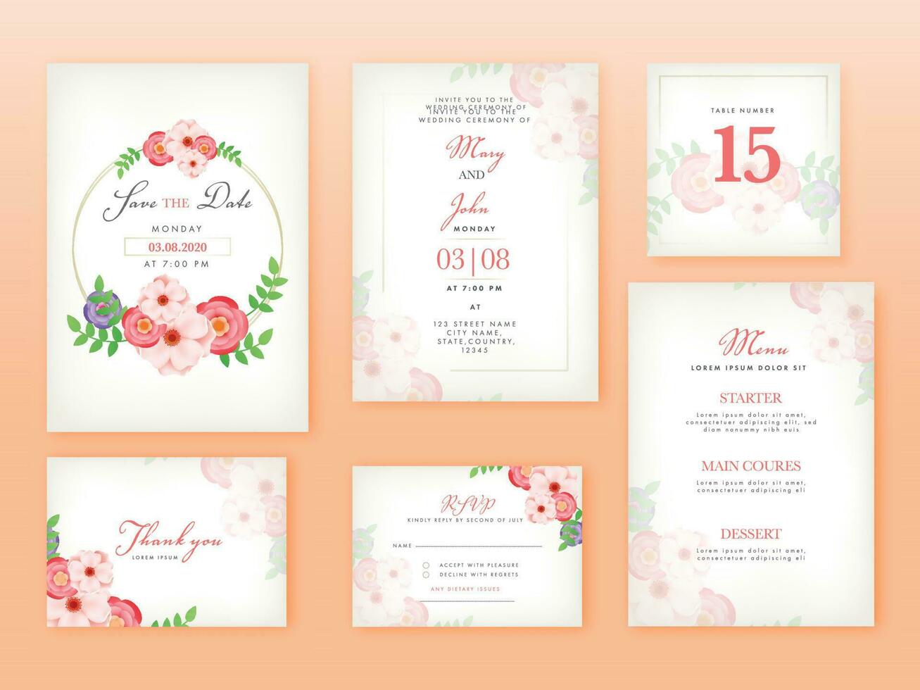 magnifique floral mariage invitation, enregistrer le date, menu détails, table nombre, remercier vous et RSVP carte. vecteur