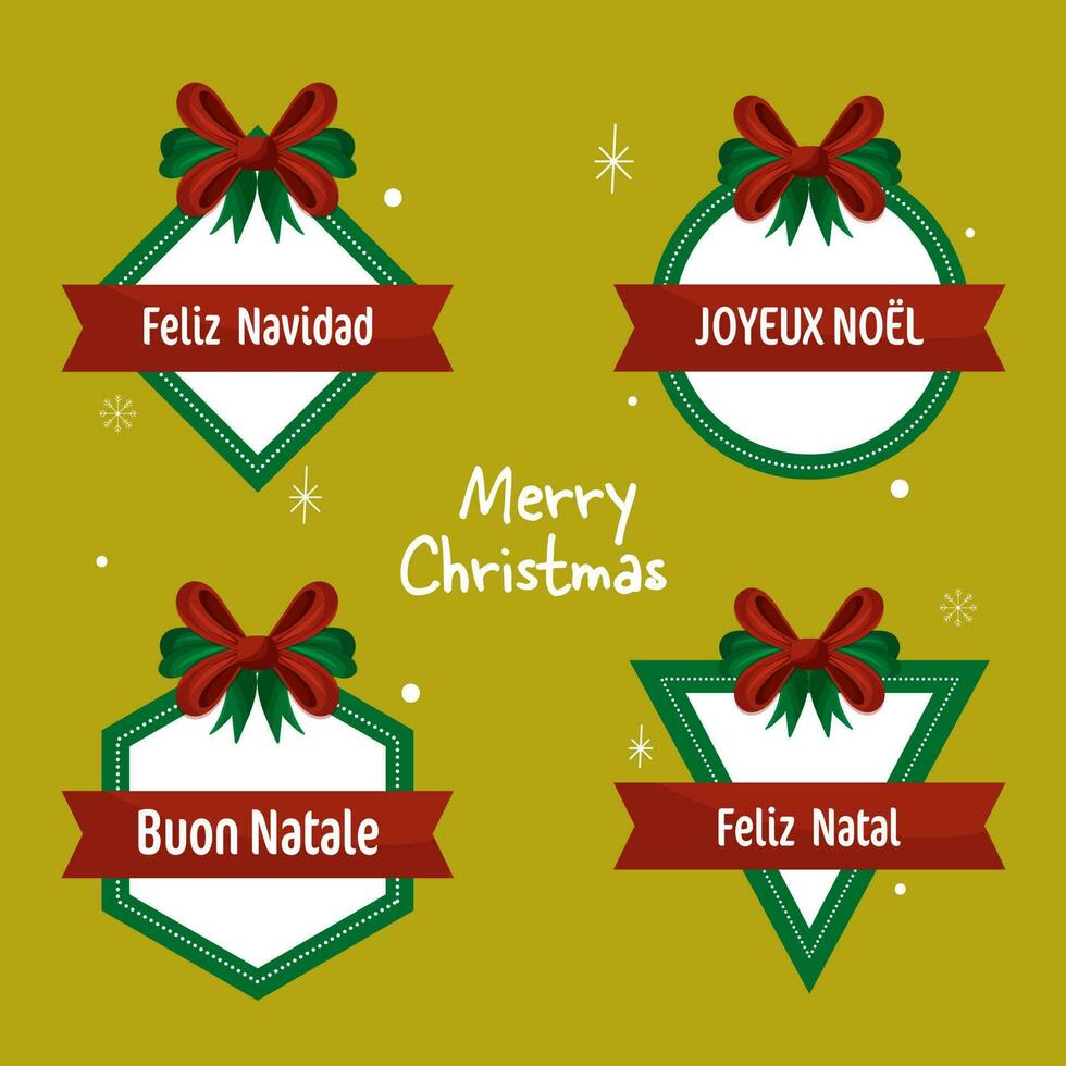 joyeux Noël Police de caractère dans différent langues avec géométrique cadres et arc ruban sur vert Contexte. vecteur