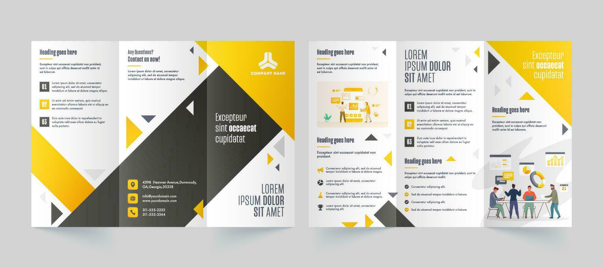 triple brochure ou brochure disposition avec affaires gens personnage et infographie éléments dans Police de caractère et retour voir. vecteur