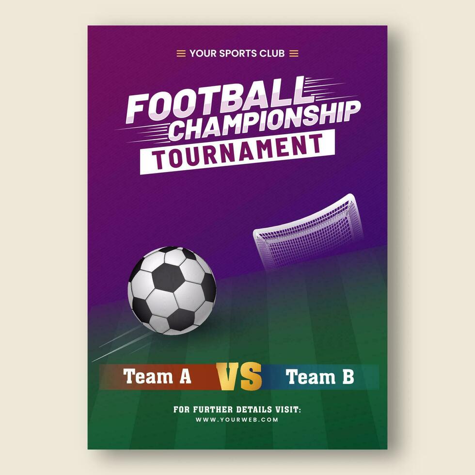 Football championnat tournoi affiche conception avec participer équipe une contre b dans violet et vert couleur. vecteur