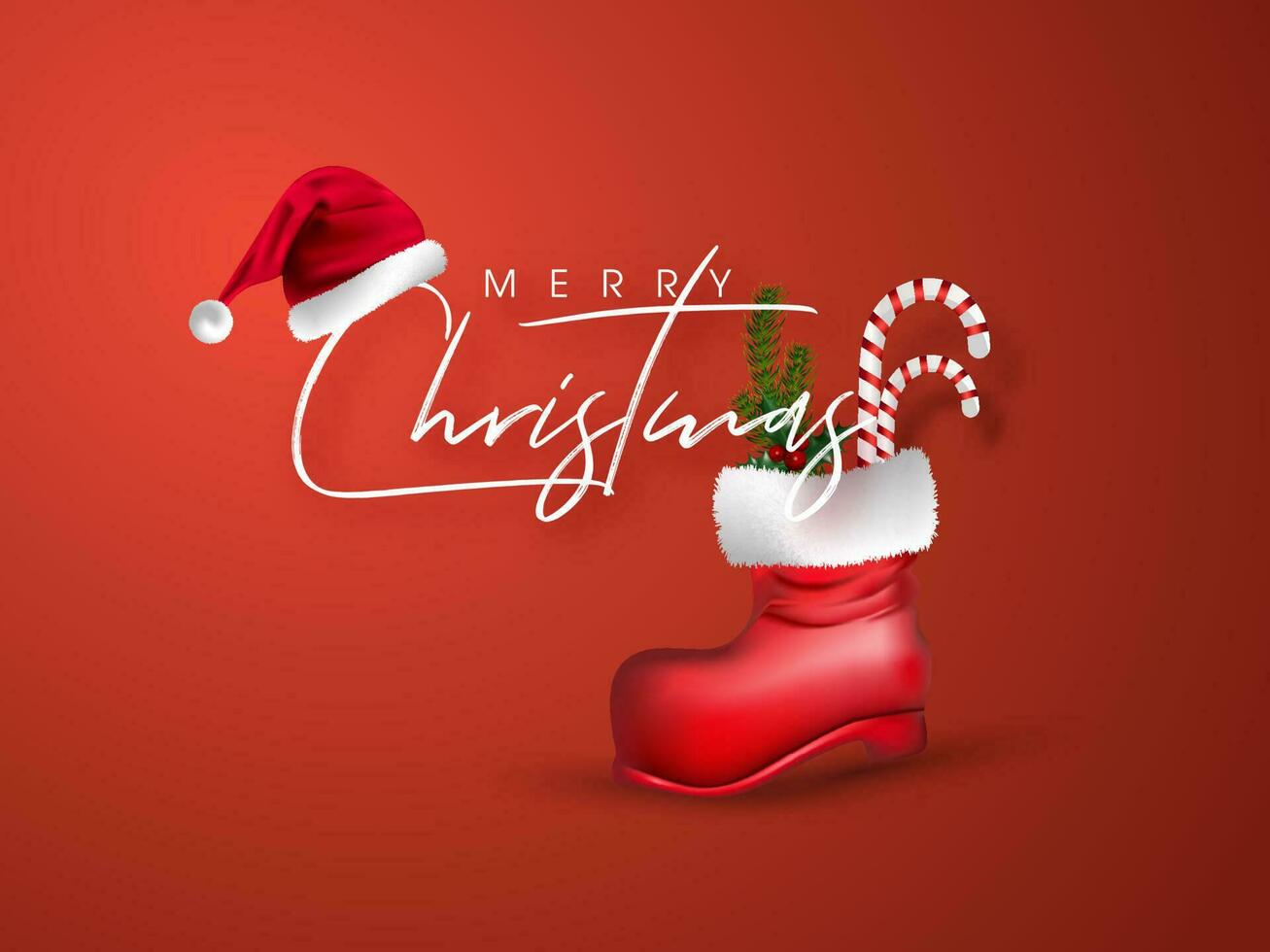 joyeux Noël salutation carte conception avec Père Noël chapeau et bonbons canne, pin feuilles dans rouge démarrage sur Orange Contexte. vecteur