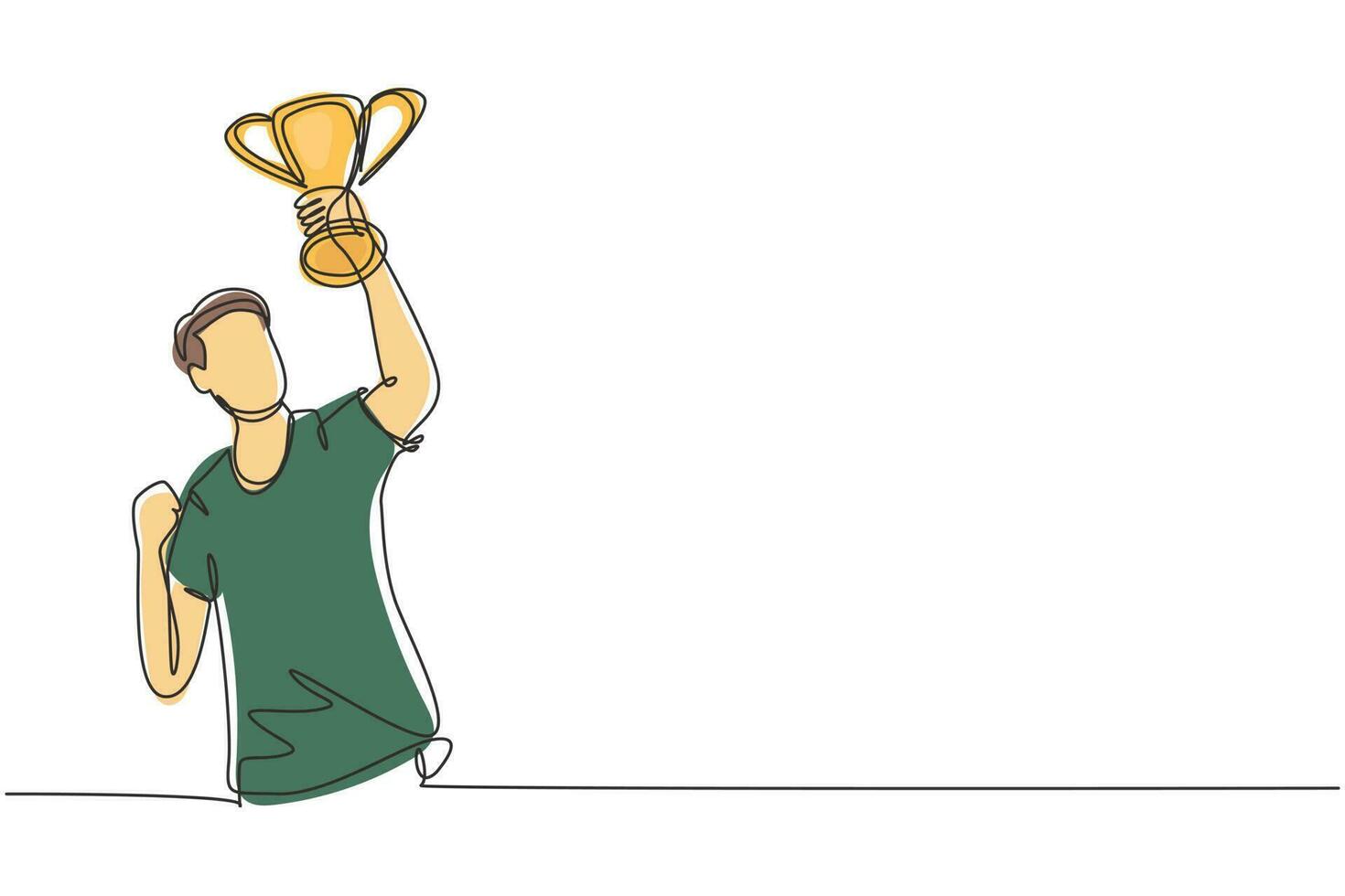 Athlète masculin continu de dessin d'une ligne en maillot de sport tenant le trophée d'or d'une main. célébrant la victoire de la compétition sportive nationale. illustration graphique de vecteur de conception de dessin à une seule ligne