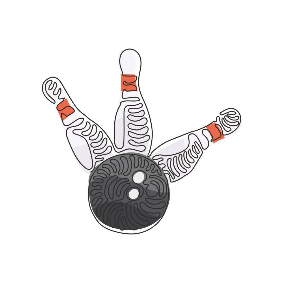 boule de bowling et épingles à dessin en ligne continue. équipement sportif. boule de bowling s'écraser sur les quilles. quilles de boule de bowling. style de boucle de tourbillon. dynamique une ligne dessiner vecteur de conception graphique