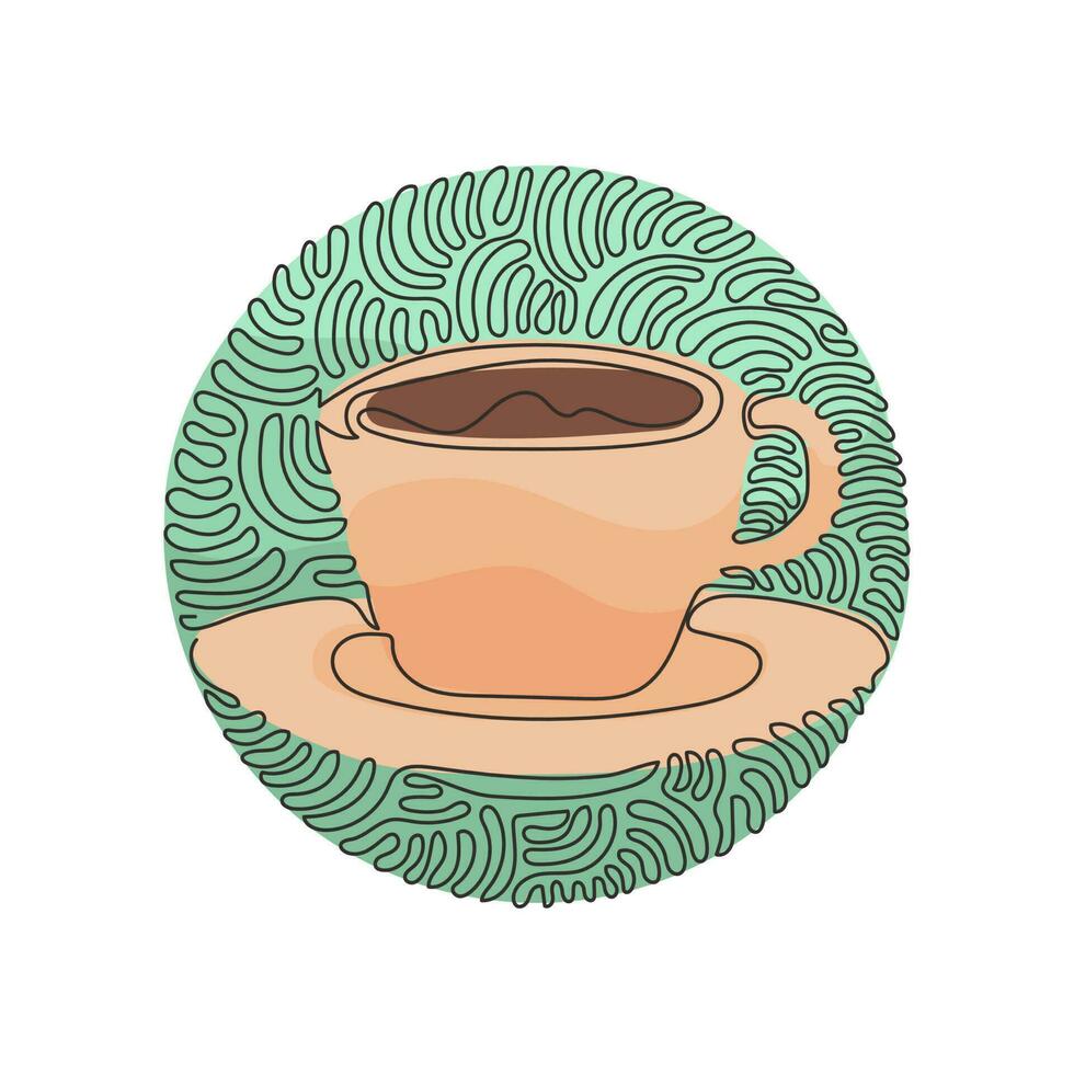 une ligne continue dessinant une tasse de café pour latte, expresso, cappuccino. café chaud prêt à boire pour le petit déjeuner. style de fond de cercle de curl tourbillonnant. illustration graphique vectorielle de conception de dessin à une seule ligne vecteur