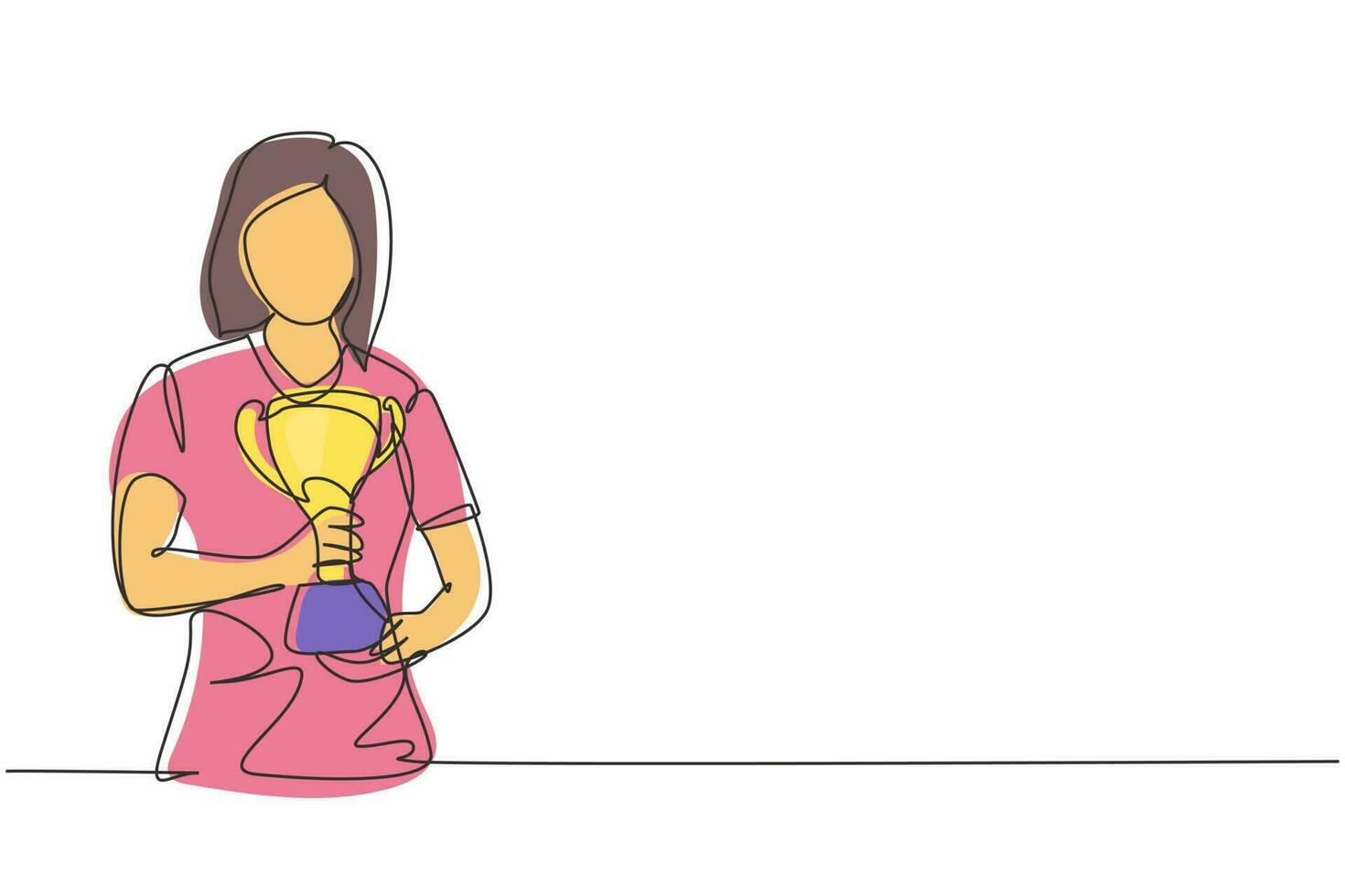 Athlète féminine de dessin d'une seule ligne portant un maillot de sport tenant un trophée d'or avec les deux mains. célébrant la victoire de la compétition nationale. ligne continue dessiner illustration vectorielle graphique de conception vecteur