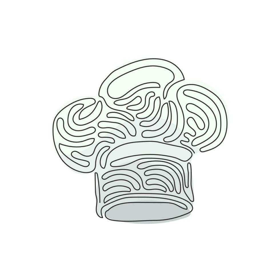 dessin continu d'une ligne chef cuisinier chapeau ou casquette dans le style de dessin animé de croquis. couvre-chef uniforme du personnel de cuisine pour restaurant ou café. style de boucle de tourbillon. illustration graphique vectorielle de conception de dessin à une seule ligne vecteur