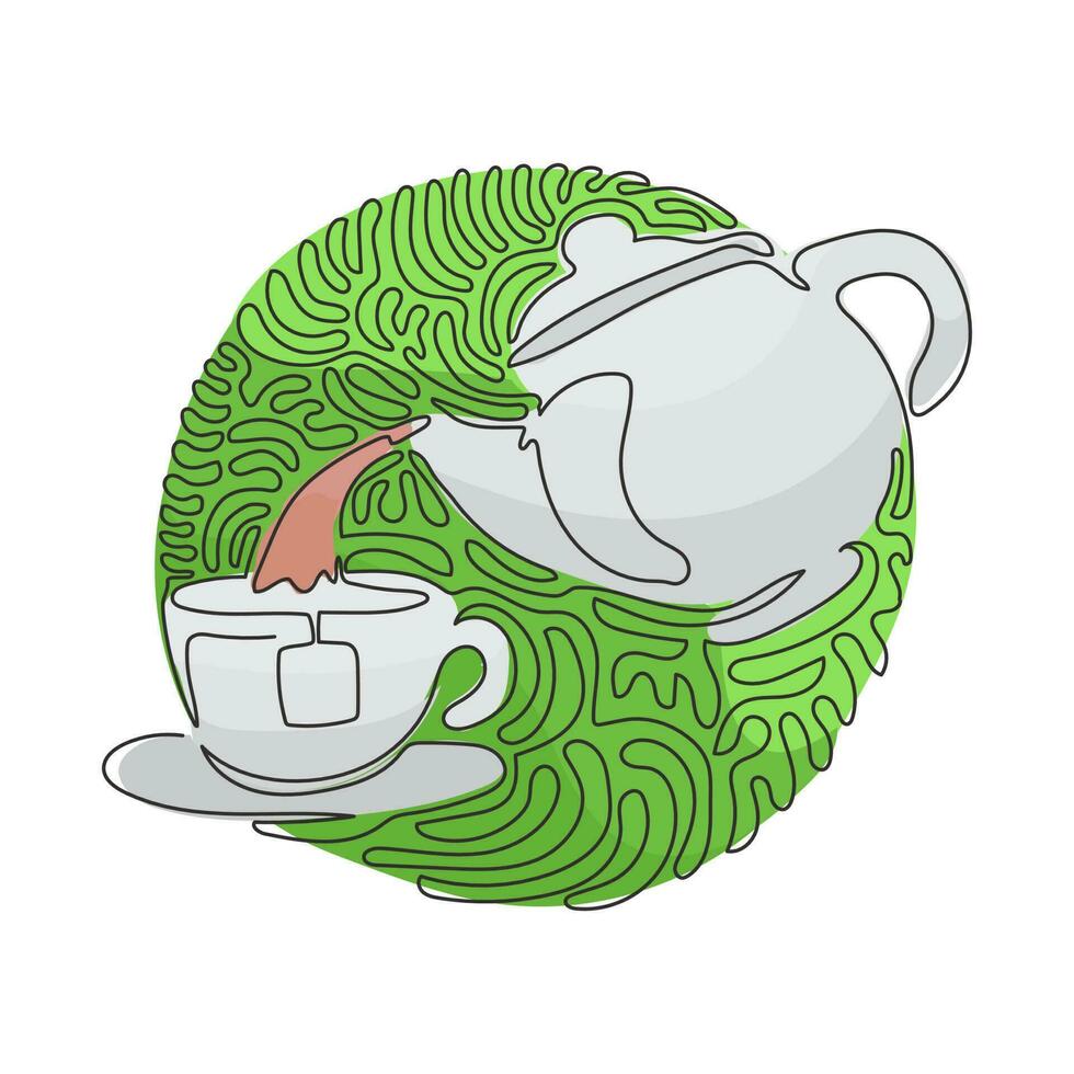 une théière continue à dessin en ligne pour boire du thé verse de l'eau chaude dans la tasse. ustensiles de petit-déjeuner. noir et blanc. style de fond de cercle de curl tourbillonnant. illustration graphique vectorielle de conception à une seule ligne vecteur