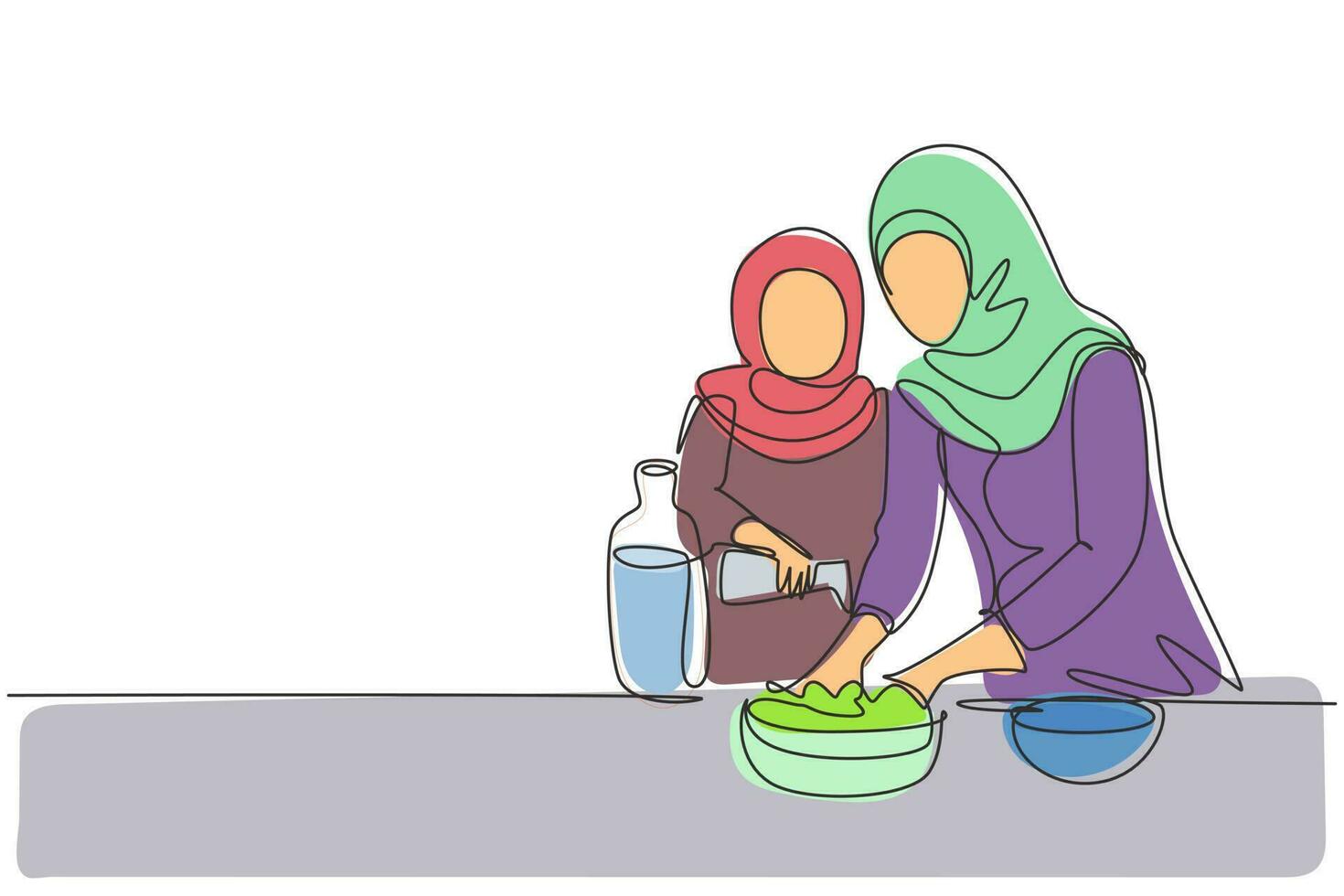 dessin au trait continu unique petite fille arabe aidant sa mère à faire de la pâte en ajoutant de l'huile d'olive. préparation de pâtisseries dans une cuisine confortable à la maison. une ligne dessiner illustration vectorielle de conception graphique vecteur