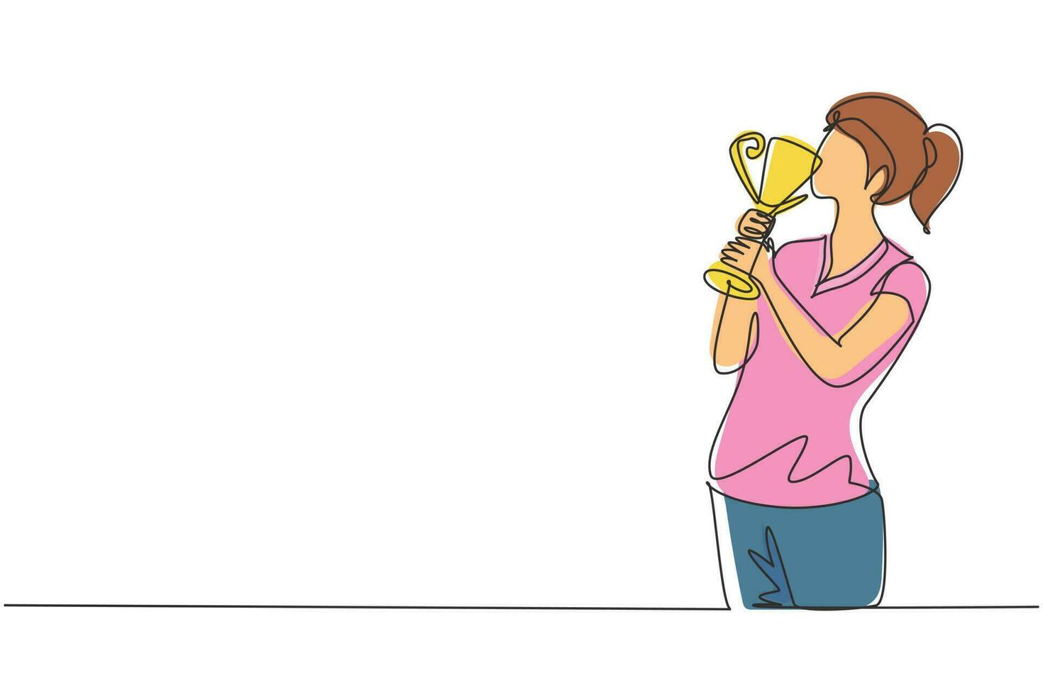 Athlète féminine continue de dessin d'une ligne portant le trophée de baiser de maillot après avoir remporté une compétition sportive mondiale. moment de victoire fier et inoubliable. graphique vectoriel de conception de dessin à une seule ligne